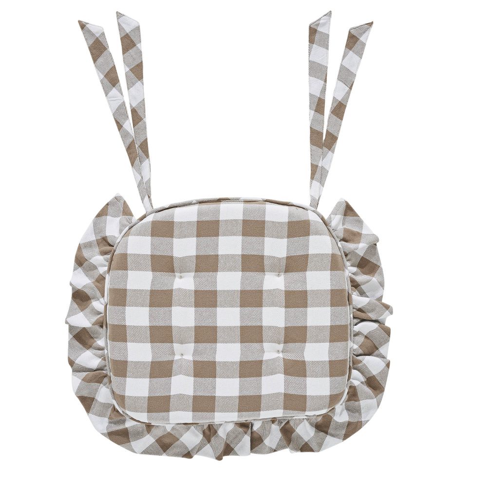 Annie Portabella Tan Ruffled Check Farmhouse Chic Chair Pad 15.5x17 - VHC Brands - Image 2