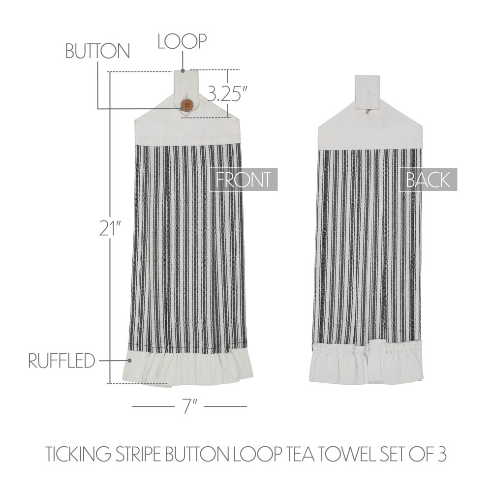 Sawyer Mill Black Ticking Stripe Button Loop Tea Towel Set of 3 - Image 4