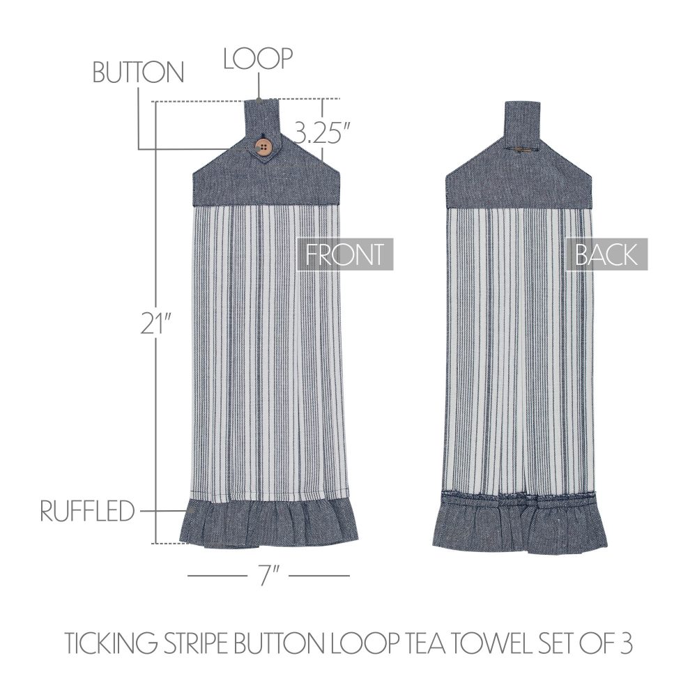 Sawyer Mill Blue Ticking Stripe Button Loop Tea Towel Set of 3 - Image 4