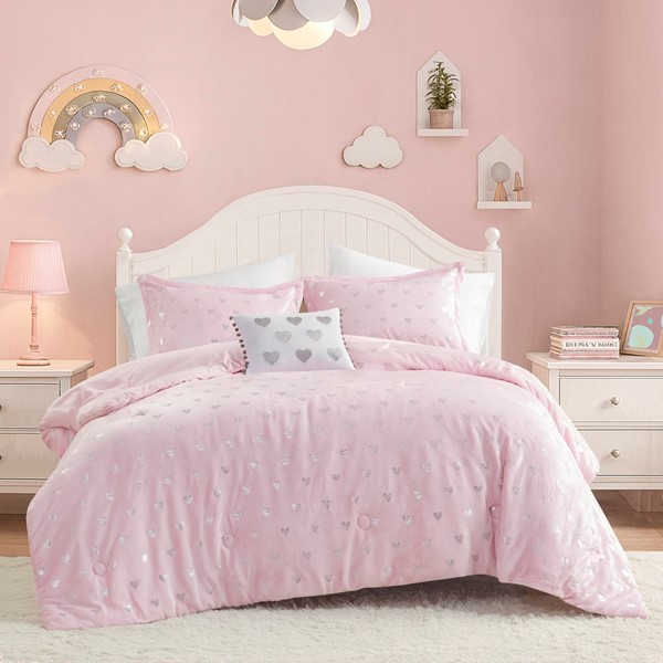 Mi Zone Rosalie Metallic Printed Plush Comforter Set with Throw Pillow in Pink/Silver, Twin/Twin XL MZ10-0571 - Image 5