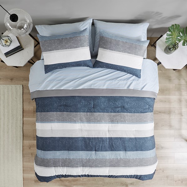 Madison Park Essentials Jaxon Stripe Comforter Set with Bed Sheets in Blue/Grey, King MPE10-988 - Image 2