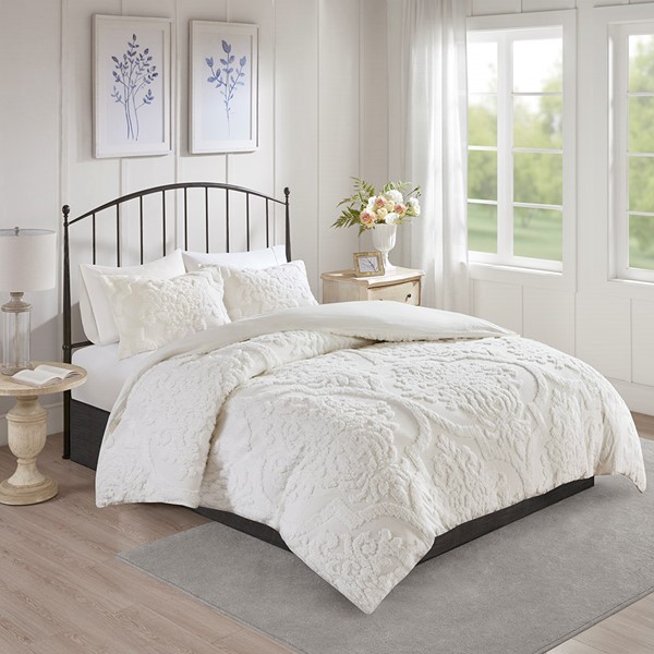 Madison Park Viola 3 Piece Tufted Cotton Chenille Damask Duvet Cover Set in Off-White, King/Cal King MP12-6208 - Image 2