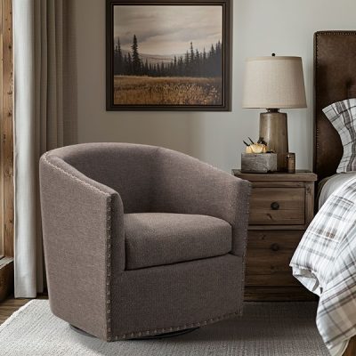 Madison Park Tyler Upholstered Swivel Barrel Chair with Nailheads in Chocolate, One Size MP103-0481