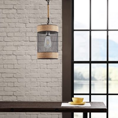 INK+IVY Orion Natural Rope and Metal Mesh Cylinder Pendant in Natural/Black, One Size II151-0139