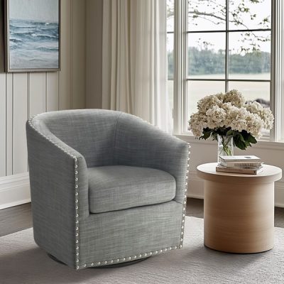 Madison Park Tyler Upholstered Swivel Barrel Chair with Nailheads in Grey, One Size MP103-1071
