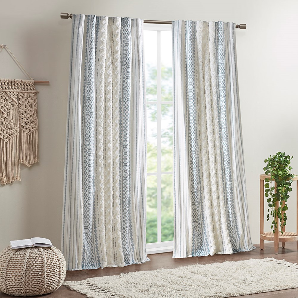 INK+IVY Imani Cotton Printed Curtain Panel with Chenille Stripe and Lining in White/Navy, 50x84" II40-1294 - Image 4
