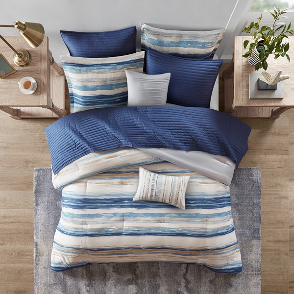 Madison Park Marina 8 Piece Printed Seersucker Comforter and Quilt Set Collection in Blue, Full/Queen MP10-6155 - Image 3