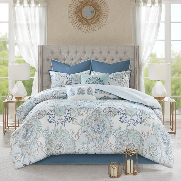 Madison Park Isla 8 Piece Cotton Floral Printed Reversible Comforter Set in Blue, Queen MP10-5803 - Image 2