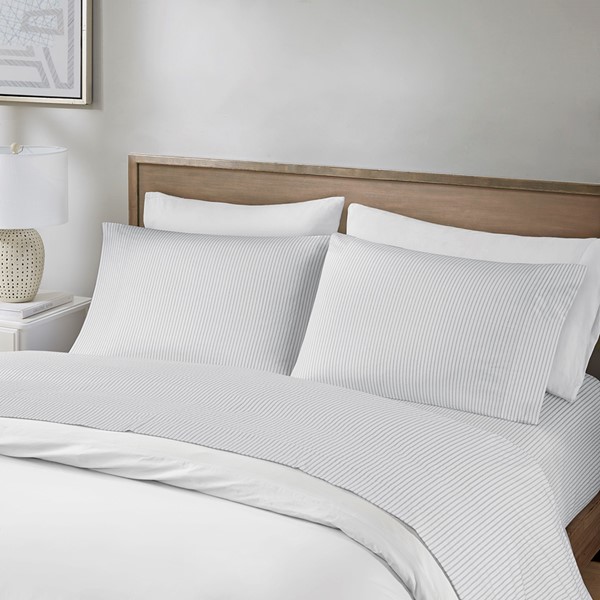 Madison Park Essentials 200 Thread Count Printed Cotton Sheet Set in Grey Stripe, Full MPE20-1015 - Image 3