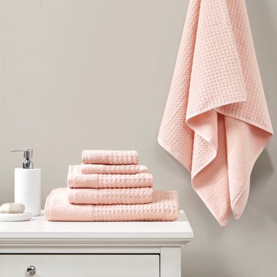 Madison Park Spa Waffle Cotton Jacquard Antimicrobial Bath Towel 6 Piece Set in Pink, 6-Piece MP73-6220