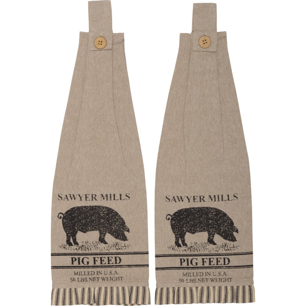 Sawyer Mill Charcoal Pig Button Loop Tea Towel Set of 2 - Image 2