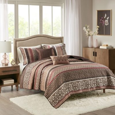 Madison Park Princeton 5 Piece Jacquard Quilt Set with Throw Pillows in Red, King/Cal King MP13-616