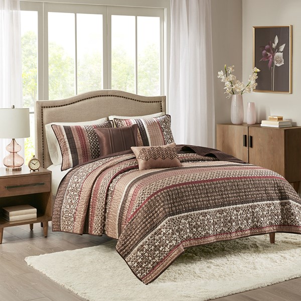 Madison Park Princeton 5 Piece Jacquard Quilt Set with Throw Pillows in Red, King/Cal King MP13-616
