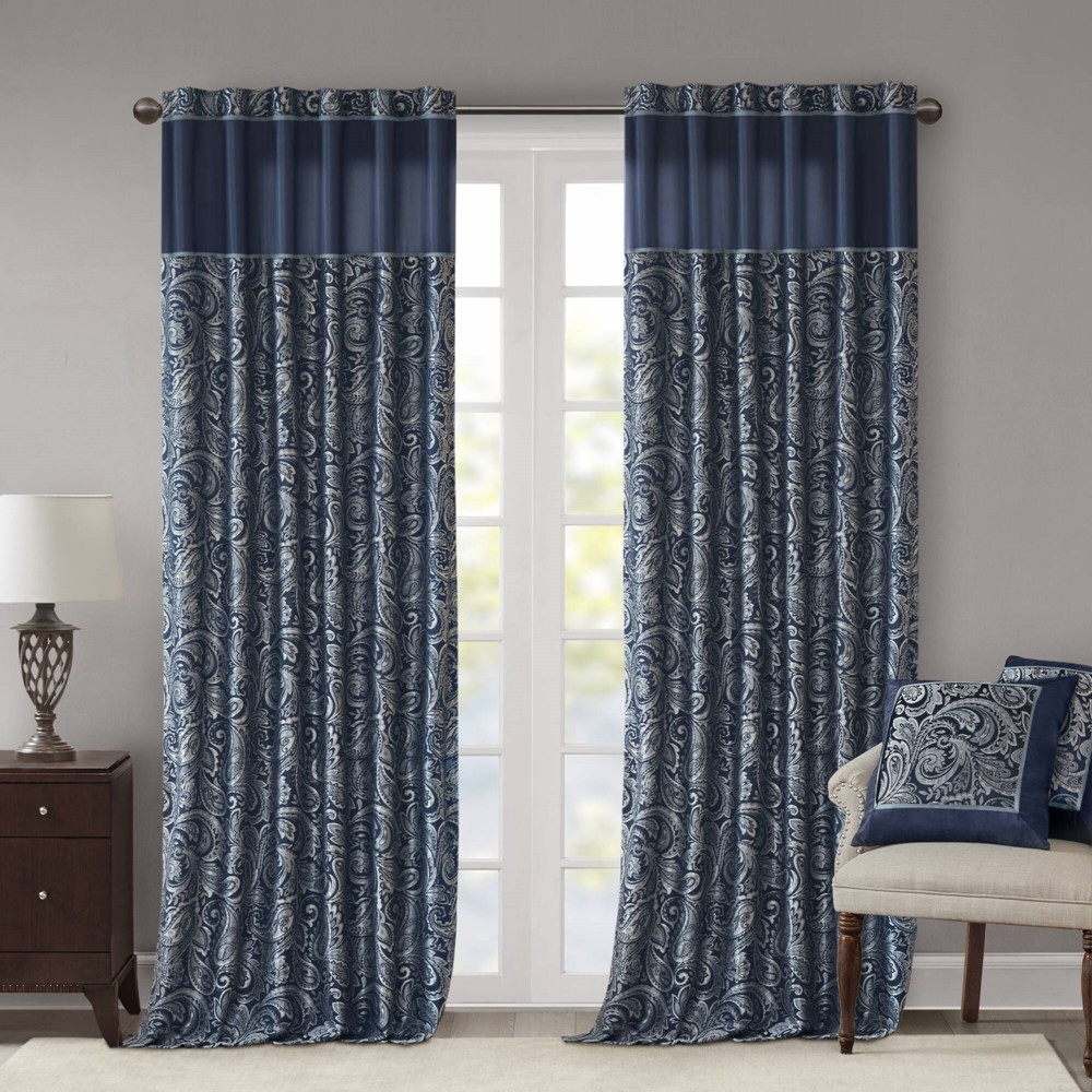 Madison Park Aubrey Jacquard Curtain Panel Pair in Navy, 50x95" MP40-4897 - Image 4