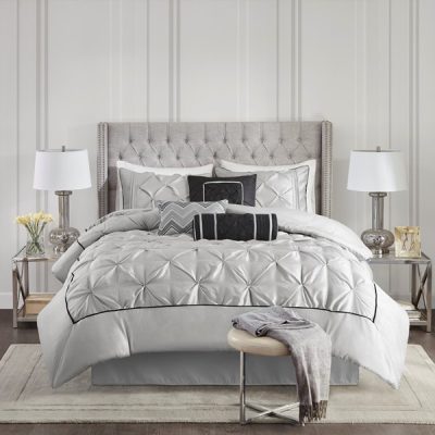 Madison Park Laurel 100% Polyester Pieced Pleated 7pcs Tufted Comforter Set in Grey, Queen TT10-0020