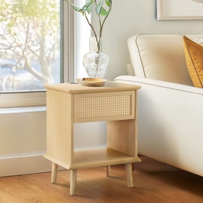 510 Design Teagan Rattan Side Table with Built-in Charging Station & LED Light in Natural, 18"W x 15.25"D x 23.75"H FUR120-0057