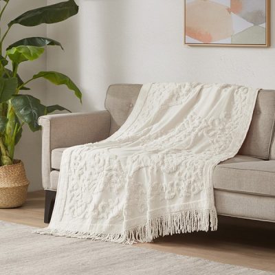 Madison Park Chloe 100% Cotton Tufted Chenille Lightweight Throw With Fringe Tassel in Ivory, 50x60" MP50N-5513