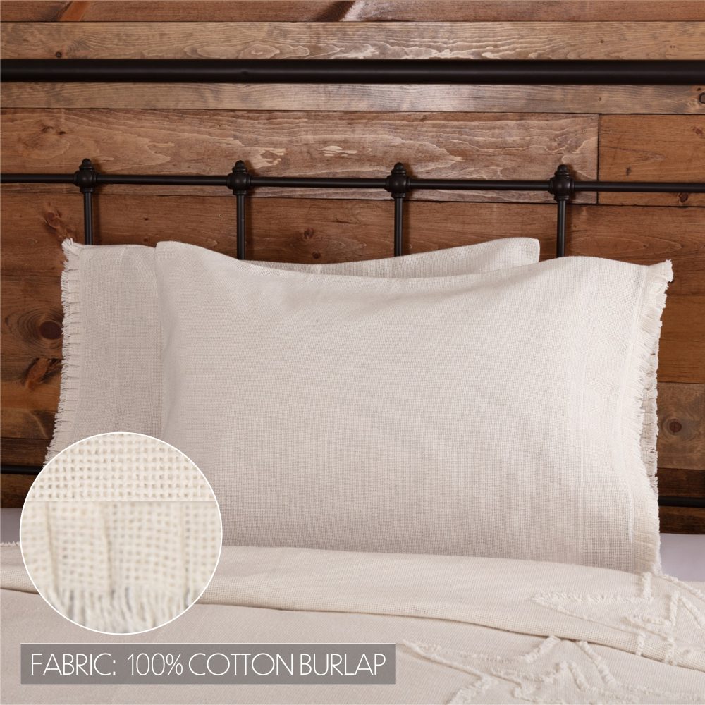 Burlap Antique White Standard Pillow Case w/ Fringed Ruffle Set of 2 21x30 - Image 5