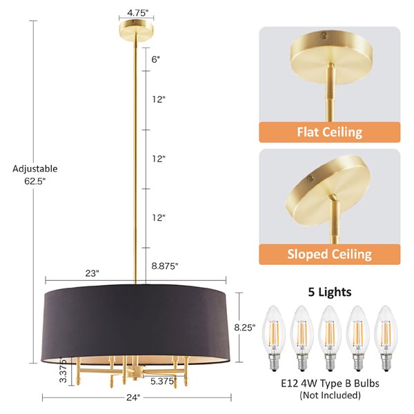 Hampton Hill Presidio 5-Light Dimmable Chandelier with Drum-shaped Fabric Shade & Adjustable Height in Gold/White, One Size MPS150-0067 - Image 3