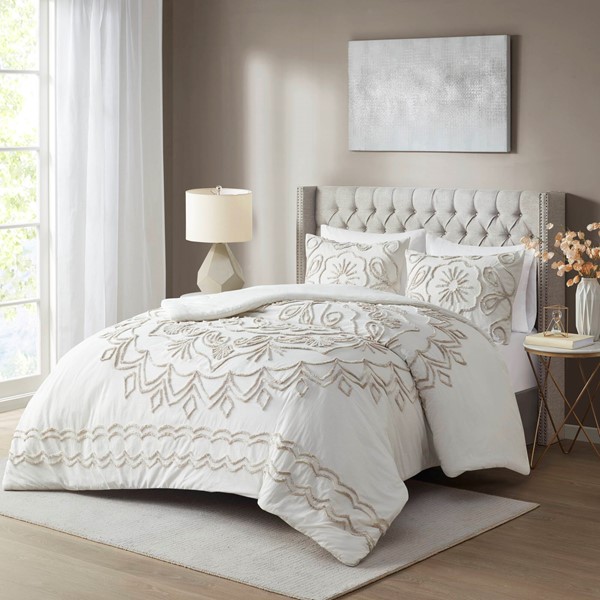 Madison Park Violette 3 Piece Tufted Cotton Chenille Comforter Set in Ivory/Taupe, Full/Queen MP10-7140 - Image 4