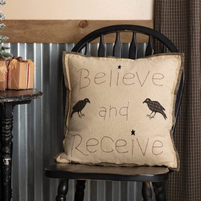 VHC Brands Kettle Grove Believe & Receive 18x18 Inch Farmhouse Cotton Throw Pillow Accent Decor