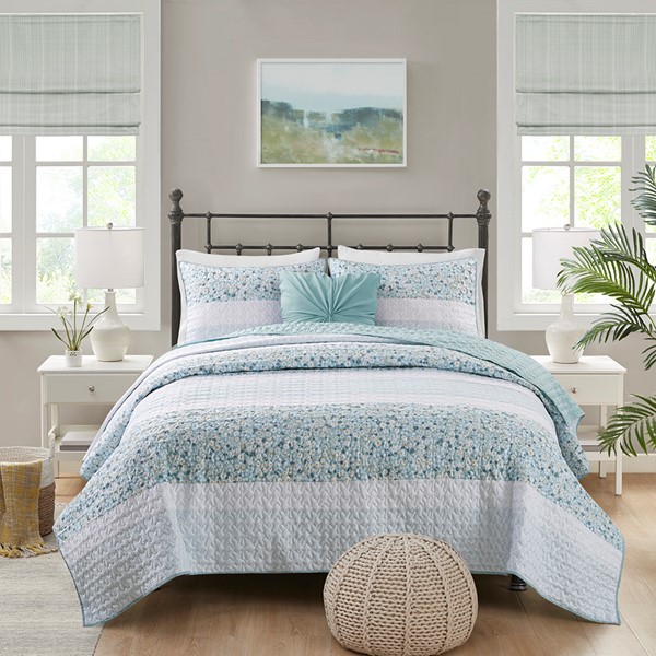 Madison Park Caralie 4 Piece Seersucker Quilt Set with Throw Pillow in Aqua, Full/Queen MP13-8289 - Image 5