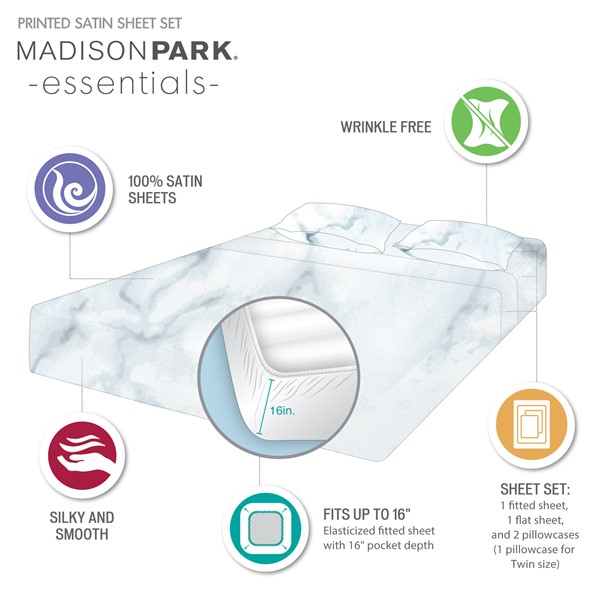 Madison Park Essentials Printed Satin Sheet Set in Blue Marble, Twin MPE20-1025 - Image 2