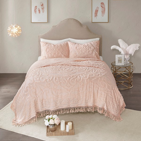 Madison Park Laetitia Tufted Cotton Chenille Medallion Fringe Coverlet Mini Set in Blush, Full/Queen MP13-5879 - Image 3