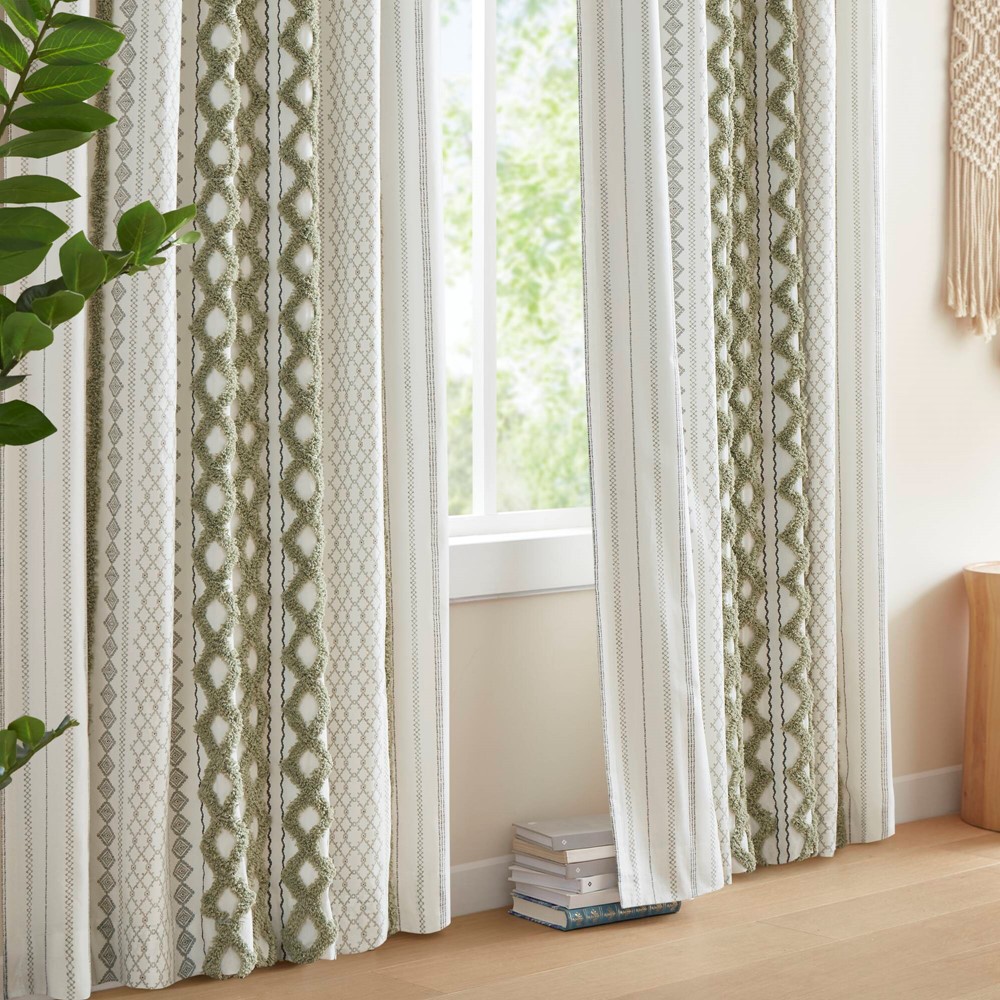 INK+IVY Imani Cotton Printed Curtain Panel with Chenille Stripe and Lining in Green, 50x84" II40-1350 - Image 3