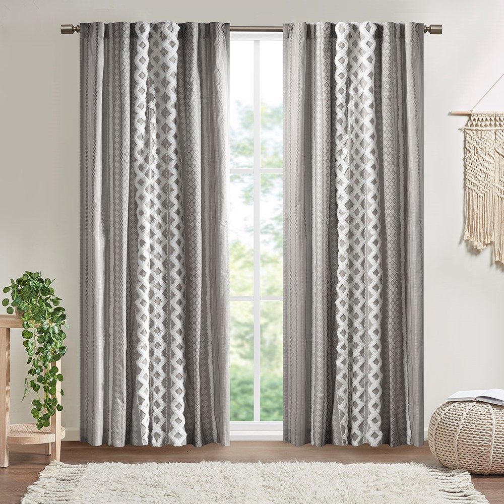 INK+IVY Imani Cotton Printed Curtain Panel with Chenille Stripe and Lining in Gray, 50x84" II40-1181 - Image 3