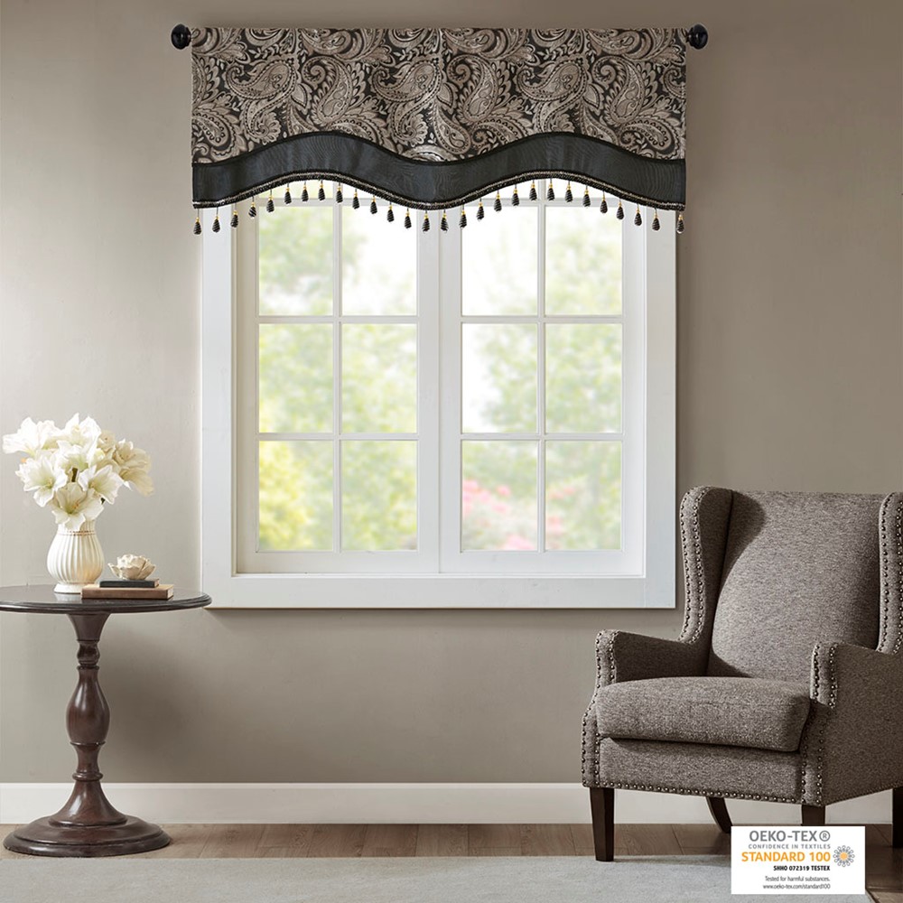 Madison Park Aubrey Jacquard Window Rod Pocket Valance With Beads in Black, 50x18" MP41-4989 - Image 4