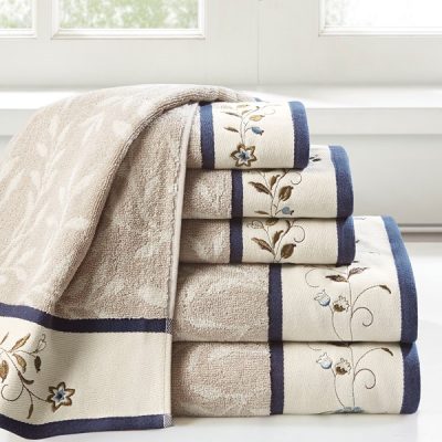Madison Park Serene Embroidered Cotton Jacquard 6 Piece Towel Set in Navy, 6-Piece MP73-7820