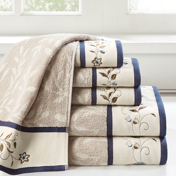 Madison Park Serene Embroidered Cotton Jacquard 6 Piece Towel Set in Navy, 6-Piece MP73-7820