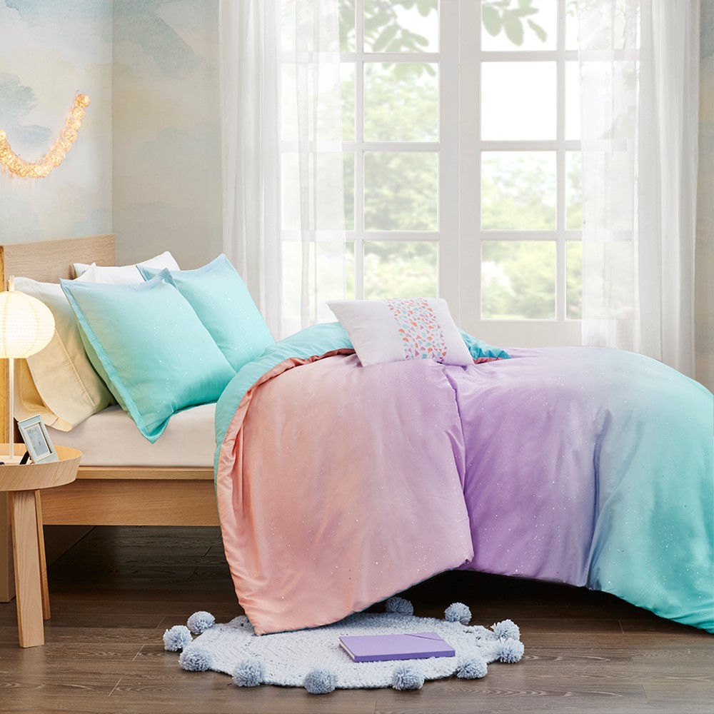 Mi Zone Glimmer Metallic Glitter Printed Reversible Duvet Cover Set in Aqua, Twin/Twin XL MZ12-0597 - Image 4