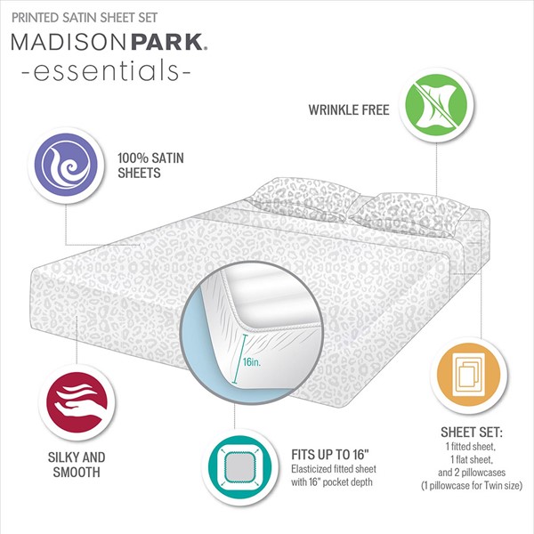 Madison Park Essentials Printed Satin Sheet Set in Taupe Leopard, Queen MPE20-994 - Image 3
