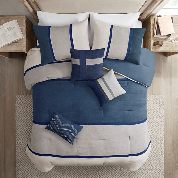 Madison Park Palisades 7 Piece Faux Suede Comforter Set in Blue, Cal King MP10-1318 - Image 2