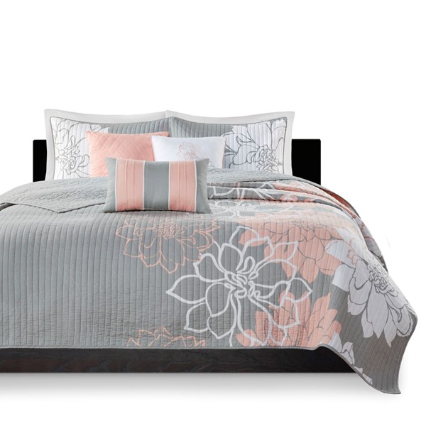 Madison Park Lola 6 Piece Printed Cotton Quilt Set with Throw Pillows in Grey/Peach, Full/Queen MP13-6834 - Image 5