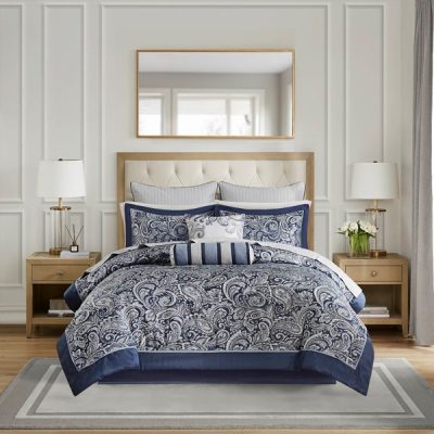 Madison Park Aubrey 12 Piece Comforter Set with Cotton Bed Sheets in Navy, King MP10-4696