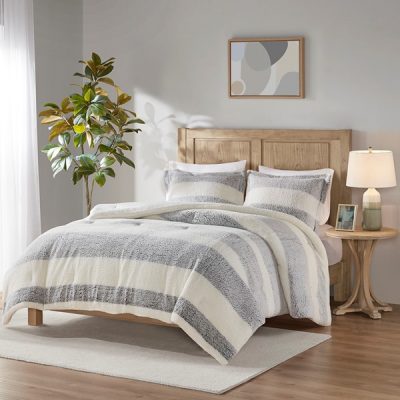 Madison Park Hollis Sherpa Comforter Set in Grey Stripe, Full/Queen MP10-8265