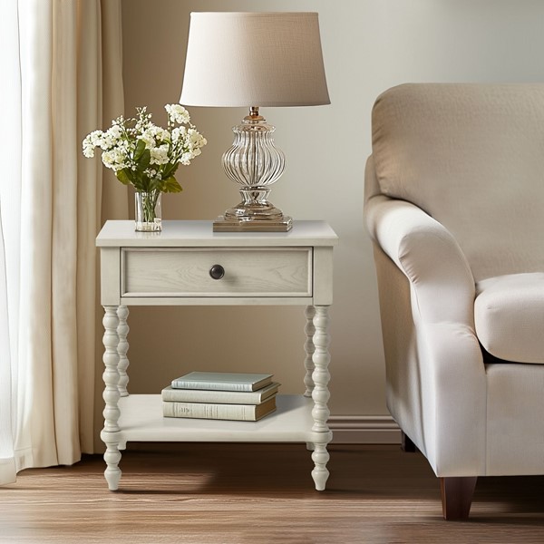 Madison Park Signature Beckett Turned Wood Spindle Nightstand with Drawer & Shelf in Antique Cream, One Size MPS136-0288 - Image 3