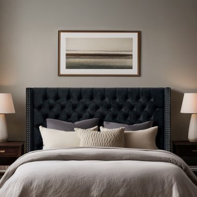 Madison Park Amelia Upholstered Wingback Headboard with Button Tufting & Nailhead Trim in Black Velvet, Queen/Full MP116-1288