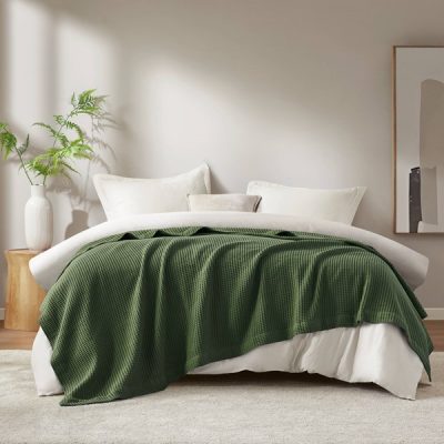 Madison Park Waffle Weave Cotton Blanket in Olive Green, Twin BR51N-5006