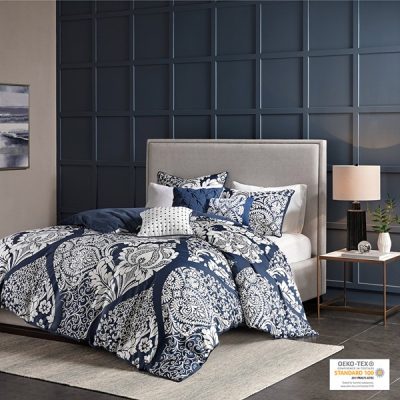 Madison Park Vienna 6 Piece Printed Duvet Cover Set in Indigo, Full/Queen MP12-3832