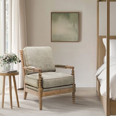 Madison Park Donohue Turned Wood Frame Armchair in Light Grey/Camel Oak, One Size MP100-0785
