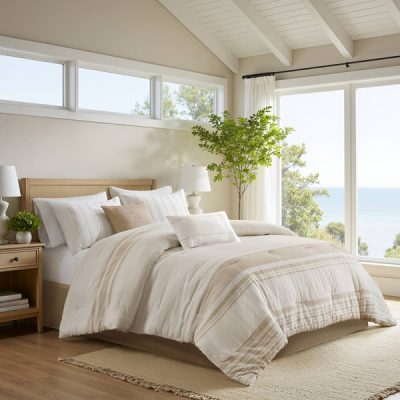 Harbor House Blue Morgan 6 Piece Cotton Jacquard Oversized Comforter Set in Ivory/Taupe, King HH10-1989