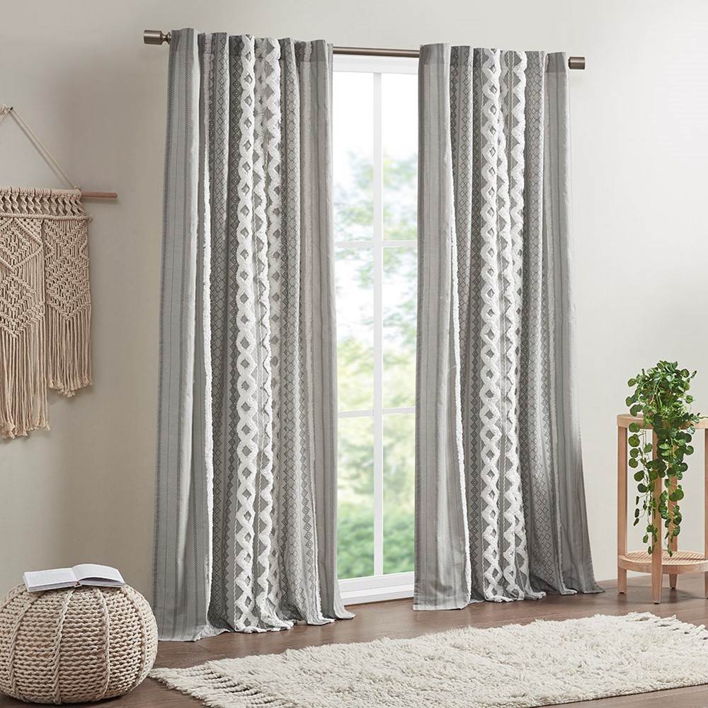 INK+IVY Imani Cotton Printed Curtain Panel with Chenille Stripe and Lining in Gray, 50x84" II40-1181 - Image 2