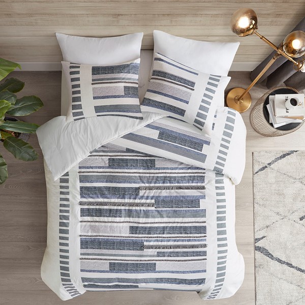 INK+IVY Serena 3 Piece Cotton Printed Comforter Set w/ trims in Navy, King/Cal King II10-1215 - Image 5