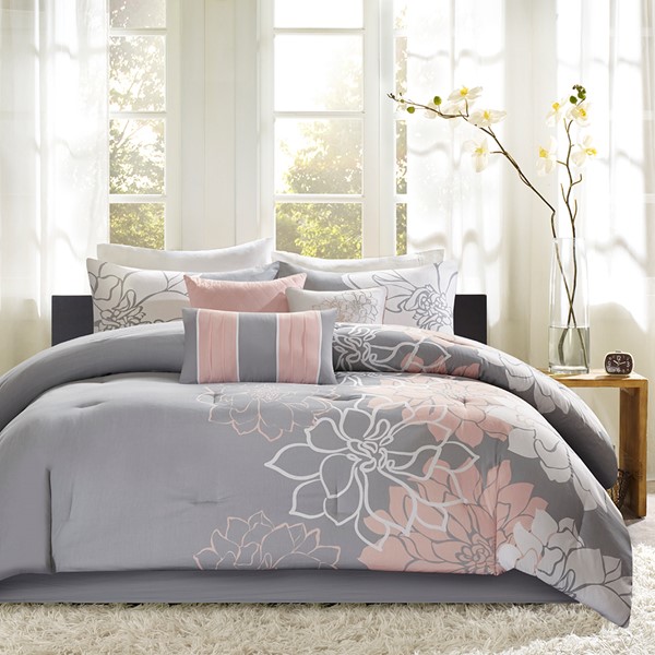 Madison Park Lola Printed Cotton Sateen Comforter Set in Grey/Peach, Queen MP10-5670 - Image 2