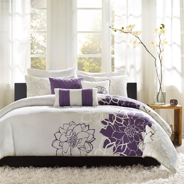 Madison Park Lola 6 Piece Printed Duvet Cover Set in Taupe Grey/Purple, Full/Queen MP12-260 - Image 2
