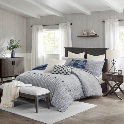 Madison Park Signature Essence Oversized Cotton Clipped Jacquard Comforter Set with Euro Shams and Throw Pillows in Blue, King MPS10-538